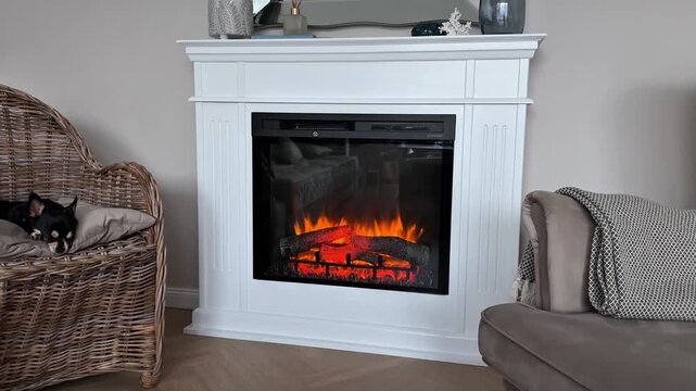 Horizontal 4K video of a cozy living room with a white handmade electric fireplace and a cute little dog sleeping in a wicker armchair