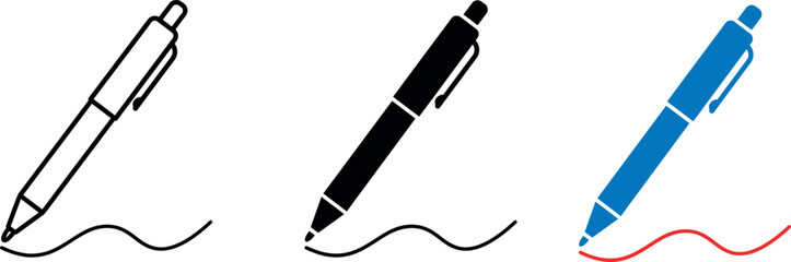 Fototapeta premium Three ballpoint pens in different colors with wavy lines vector illustration
