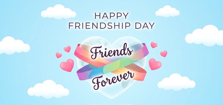 Happy Friendship Day Friends Forever Greeting Card with Rainbow Ribbon, Heart Globe, Love, Unity and Friendship Celebration Illustration