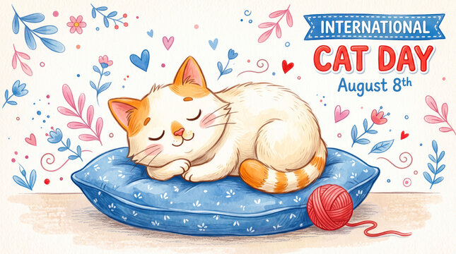 Sleeping orange kitten on blue cushion for international cat day