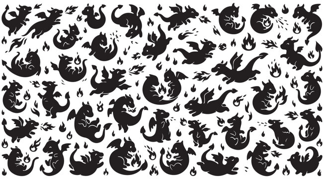 Cute baby dragon silhouette vector graphic collection with little mythical creatures breathing fire and flying