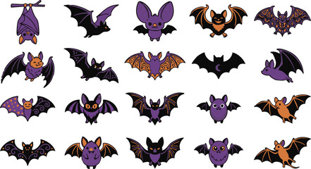 Fototapeta premium Halloween bats in various poses and colors on white background purple orange black