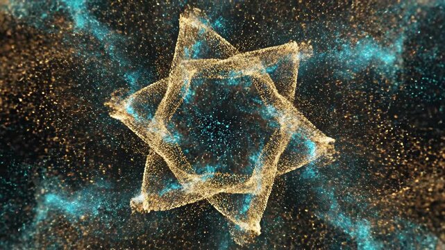 Abstract golden and blue particles forming a sparkling hexagram star shape in deep space with cosmic dust and glowing light effects in a cinematic motion graphics background
