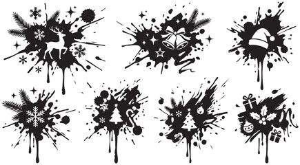 Christmas ink splatter vector silhouettes set with reindeer bells santa hat snowflake and christmas tree for holiday design © mbg