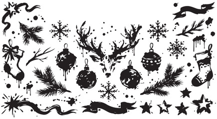 Black ink splatter Christmas graphic elements set with reindeer snowflakes ornaments and pine branches for holiday design © mbg