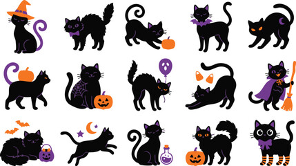 Fototapeta premium Halloween black cats in various poses with halloween themed pumpkins witch hats broomsticks