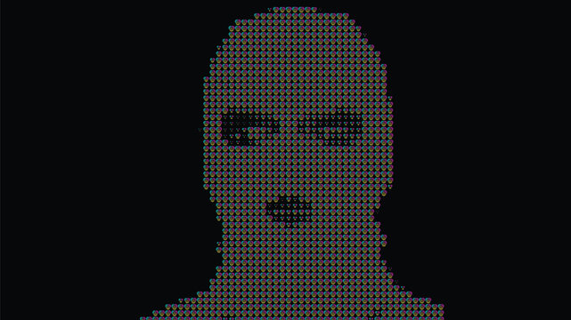 Conceptual head portrait wearing balaclava with dot pattern.