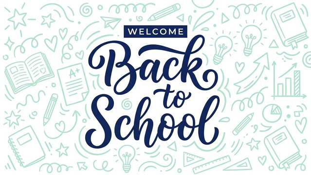 Back to school calligraphy lettering, welcome back to school banner with hand drawn doodles, educational supplies and icons on white background 4K