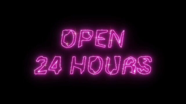 Open 24 hour text neon glow effect animation on black background.