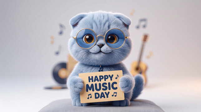 Cute cartoon panda character celebrating music day with glasses