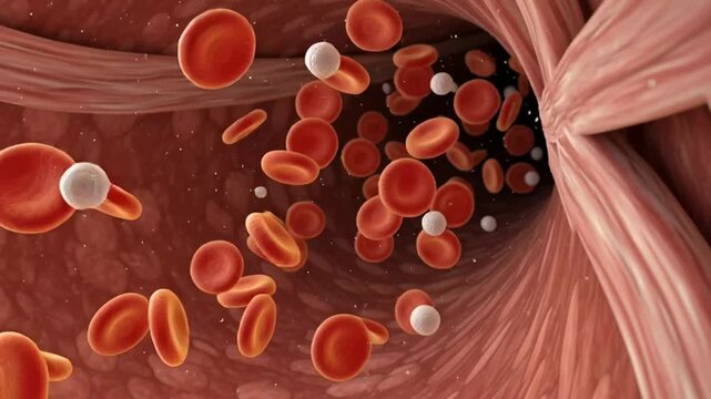 Blood cells flowing through a vein with red and white cells visible