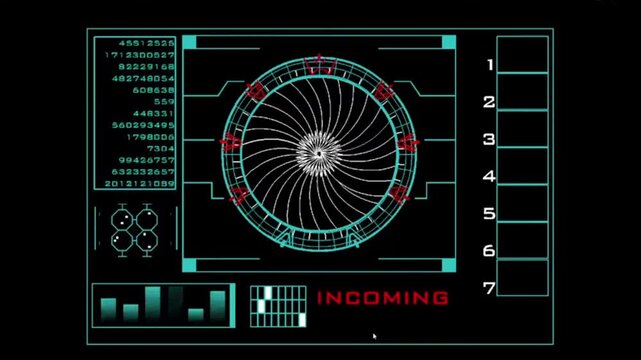 Sci-fi HUD portal interface with incoming traveler warning and stargate teleportation gate opening on black background