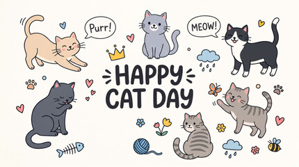 Happy cats celebrating with cute cartoon illustrations for cat day © Musfiqur