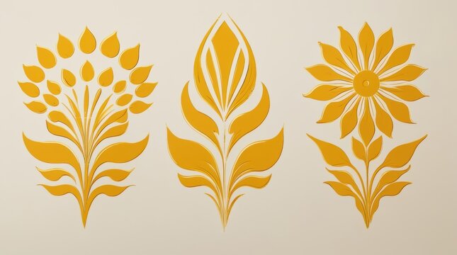 Set of decorative yellow floral motifs in traditional folk art style