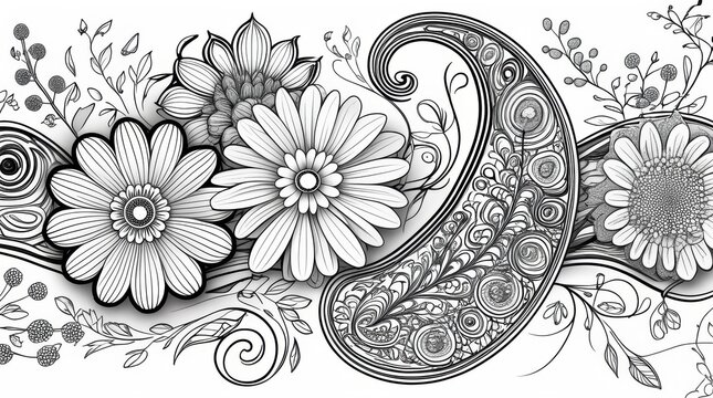 Black and white floral paisley pattern coloring page design
