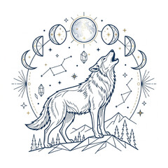 Fototapeta premium Howling wolf under celestial moon phases illustration.