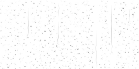 Realistic transparent dew water droplets and water drops on wet clear window glass surface with sprinkled water-drop rolling down drop overlay rain texture effect © SharminAkter
