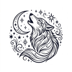 Obraz premium Howling Wolf with Moon and Stars Illustration.