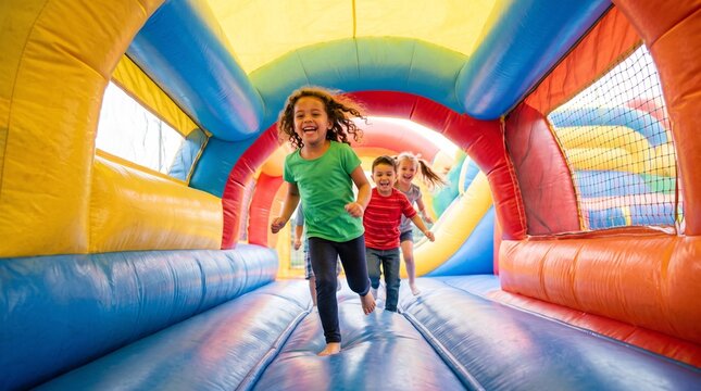 Happy Children Having Fun Running and Jumping Inside a Colorful Inflatable Bounce House at a Party
