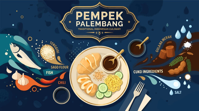 Flat Vector Illustration of Palembang Pempek Ingredients, Culinary Flat Lay Composition with Chili Sauce, Cucumber, and Vinegar, Food Preparation Graphic Resource