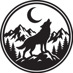 Wolf howling at moon, mountain landscape, black silhouette, circular icon, wilderness scene © Sobur