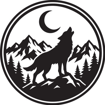 Wolf howling at moon, mountain landscape, black silhouette, circular icon, wilderness scene