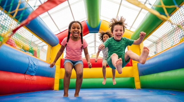 Happy children jumping and playing in a colorful indoor inflatable playground on a fun day out