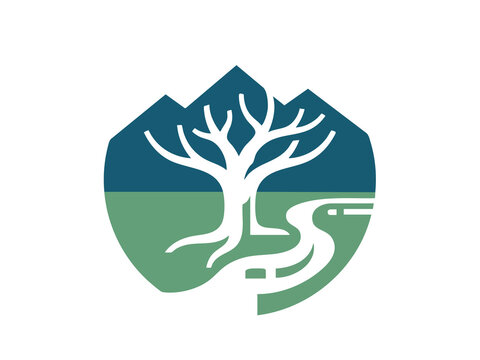 Minimalist nature logo design featuring a white bare tree with mountain peaks and a winding path in a geometric emblem.