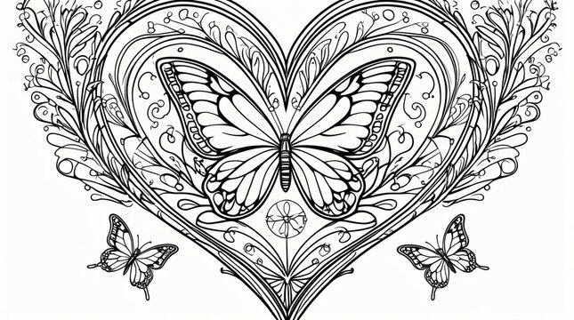 Beautiful butterfly inside a decorative heart shape coloring page