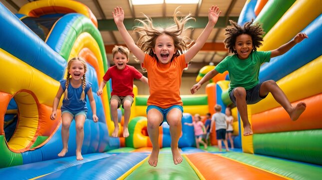 Joyful children jumping and playing in a vibrant and colorful indoor inflatable playground