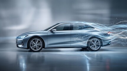 Naklejka premium Modern silver sedan with aerodynamic light trails representing speed, innovation, and futuristic automotive technology