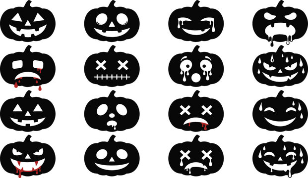 Halloween Pumpkin Face Set with Bloody, Vampire, and Zombie Style Jack O Lantern Expressions in Solid Black Silhouette Style