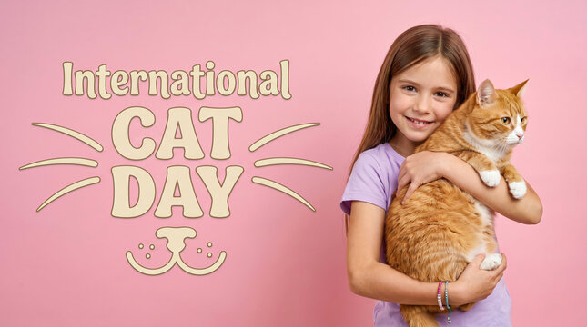 Girl holding orange kitten celebrating international cat day