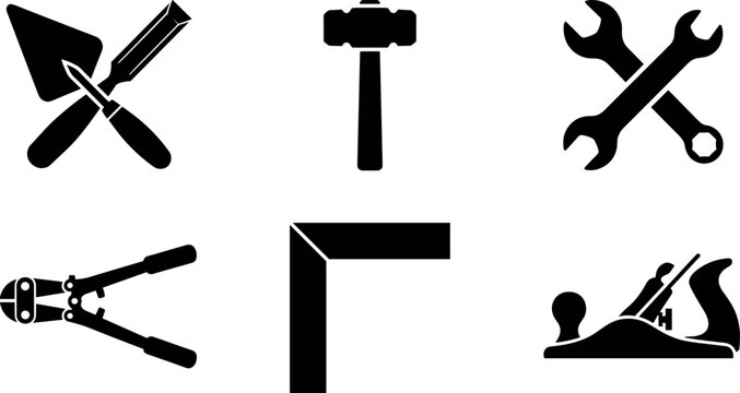 Masonry Carpentry and Construction Tools Silhouette Icon Set featuring Trowel, Chisel, Mallet Hammer, Combination Wrench, Bolt Cutters, L-Square Ruler, and Hand Plane