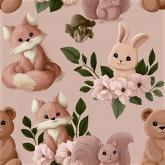 Fototapeta premium Woodland animals seamless pattern with foxes bears and rabbits, autumn forest theme, charming nursery decor, playful illustration.