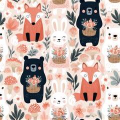 Fototapeta premium Cute fox and bear seamless pattern with flowers and mushrooms, woodland nursery theme, playful forest illustration.