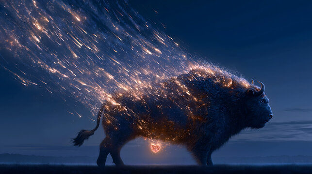 Celestial Bull Sent By Inanna Descend From Starry Sky, Milky Way Fur Crescent Horn Orange Flame Eyes Tiny City Silhouette, Commercial Visual Asset For Disaster Fantasy Epic Battle Game
