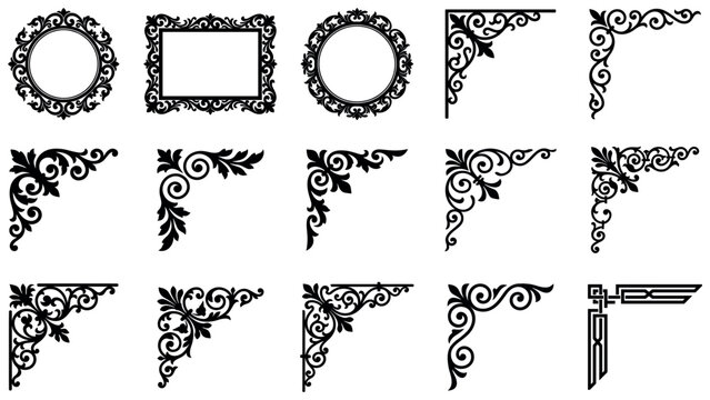 Detailed decorative corner frame borders and ornamental scroll motifs for elegant decor.