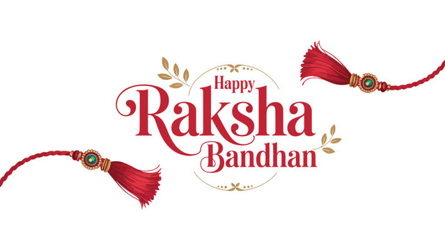 Elegant raksha bandhan festival design featuring happy raksha bandhan text in red and gold lettering with decorative rakhi threads, beads, and tassels arranged diagonally on festive background