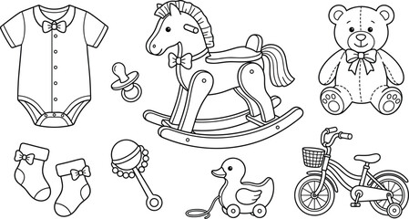 Cute hand drawn baby toys and clothing line art vector illustrations set isolated on white background