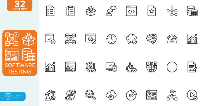 Software testing Vector illustration line editable Icons set. bug tracking, automation, performance, security, and manual QA process for web and app development. on white background.
