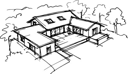 中央の中庭エリアを備えた現代的なU字型住宅の手描きの建築図面 © Abdullah_43