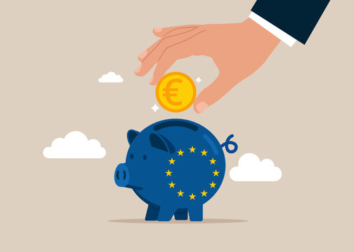 Finances in Europe with European Union Flag Piggy Bank. Hand putting coin a piggy bank euro money savings. Modern vector illustration in flat style