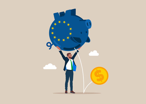 Upset Businessman Shaking Empty European Union Flag Piggy Bank with No Money inside. Bankruptcy, Investment Decrease, Budget Deficit. 