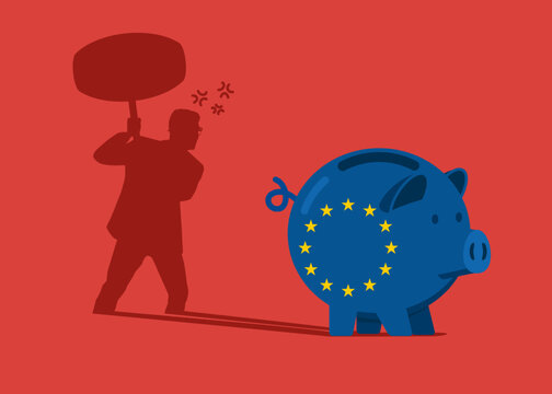 European Union Flag Piggy Bank casting a shadow with businessman with sledgehammers about to break piggy bank to find money. Flat vector illustration