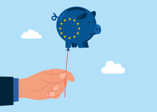 Hand holding european union flag piggy bank balloon. Flat vector illustration