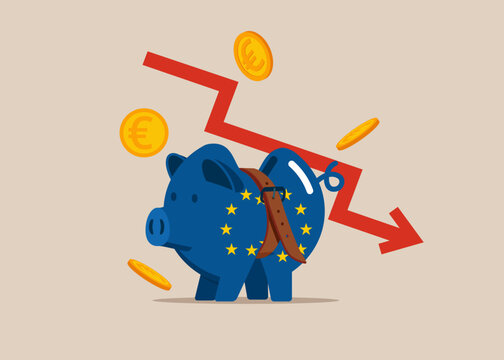 European Union Flag Piggy Bank tighten belt. Financial crisis in tax in Europe. Loan repayment, installment plan. Flat vector illustration