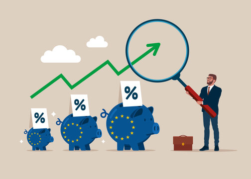 Businessman hold magnifying with pile of European Union Flag Piggy Bank. Interest rate hike due to inflation. Flat vector illustration on blue background.