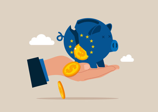 Broken European Union Flag Piggy Bank with dollar money. Modern vector illustration in flat style