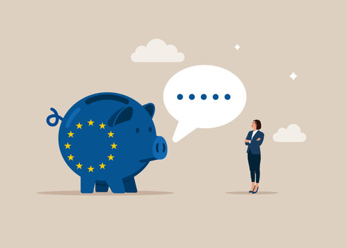 European Union Flag Piggy Bank with white Speech Bubble. Flat vector illustration